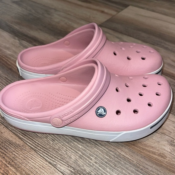 CROCS Crocband II Clogs Petal Pink Women’s Size 10 White Black Stripe Comfort - Picture 1 of 5